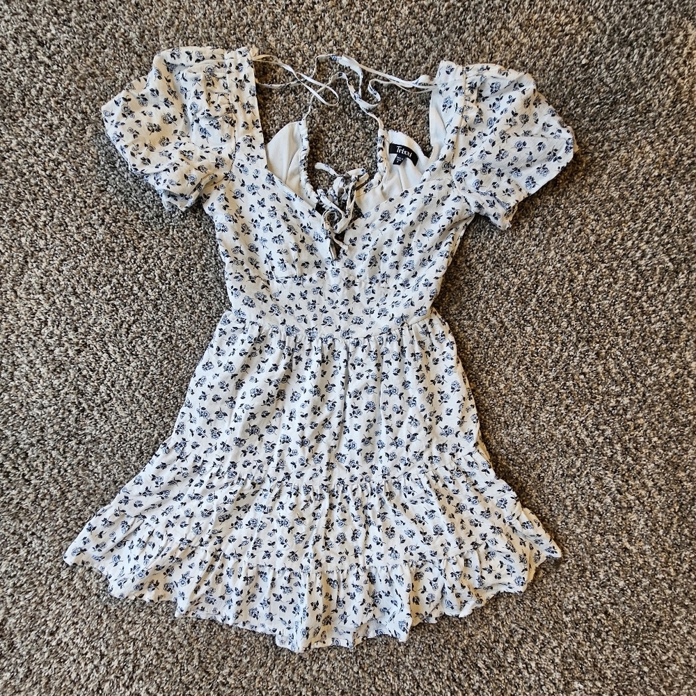 Trixxi White Mini Dress with Navy Blue Floral Print - Picture 1 of 3